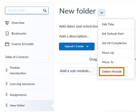  Drop-down menu of a content folder with the option to delete the folder (Brightspace language: module)